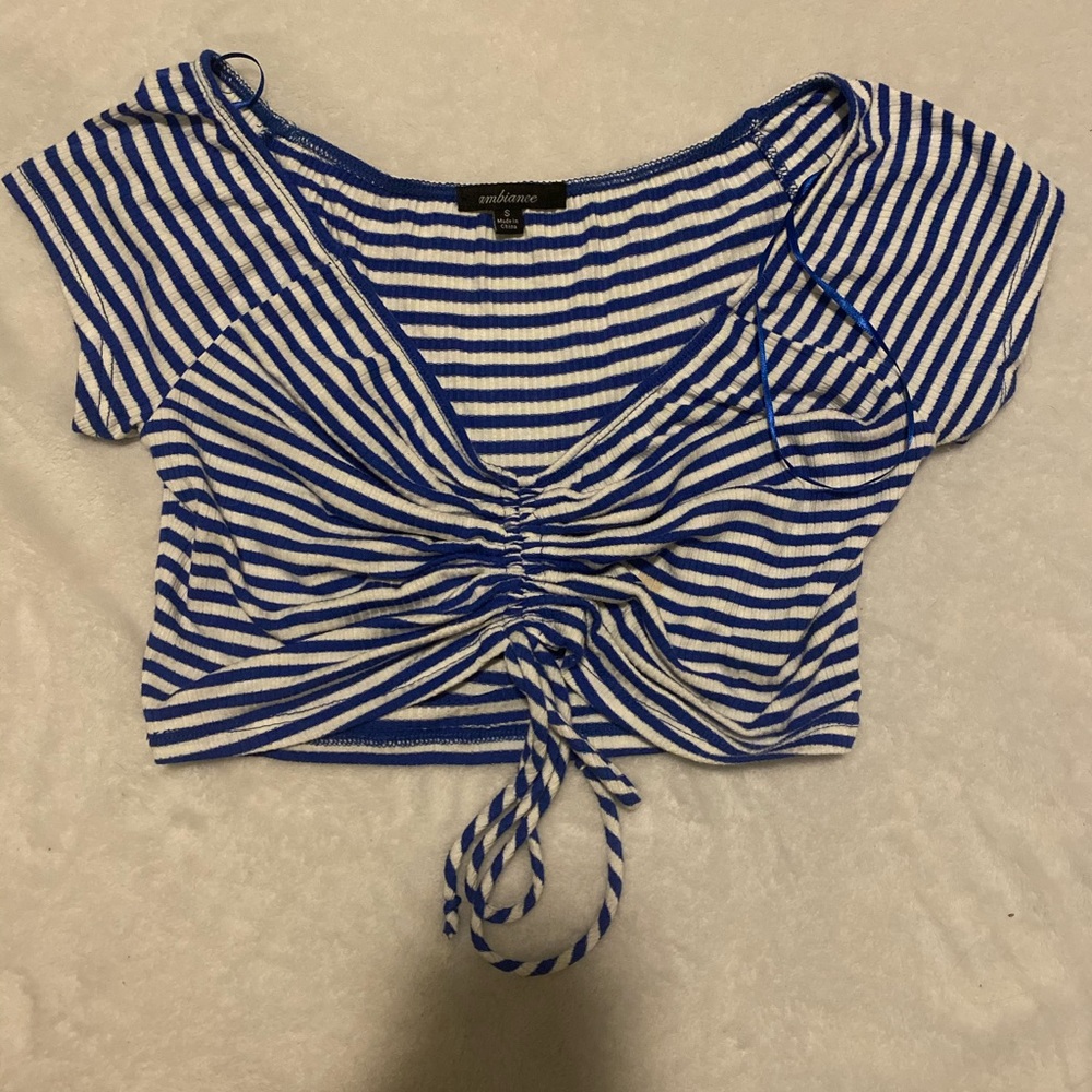 blue and white stripped crop shirt
